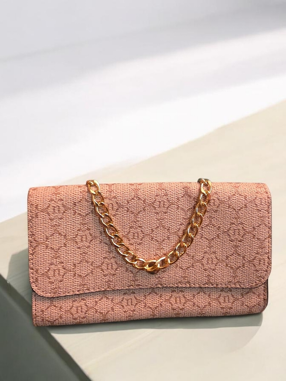 Nanette Lepore Blush Pink Monogram Chain Wallet Clutch Crossbody Envelope Bag
